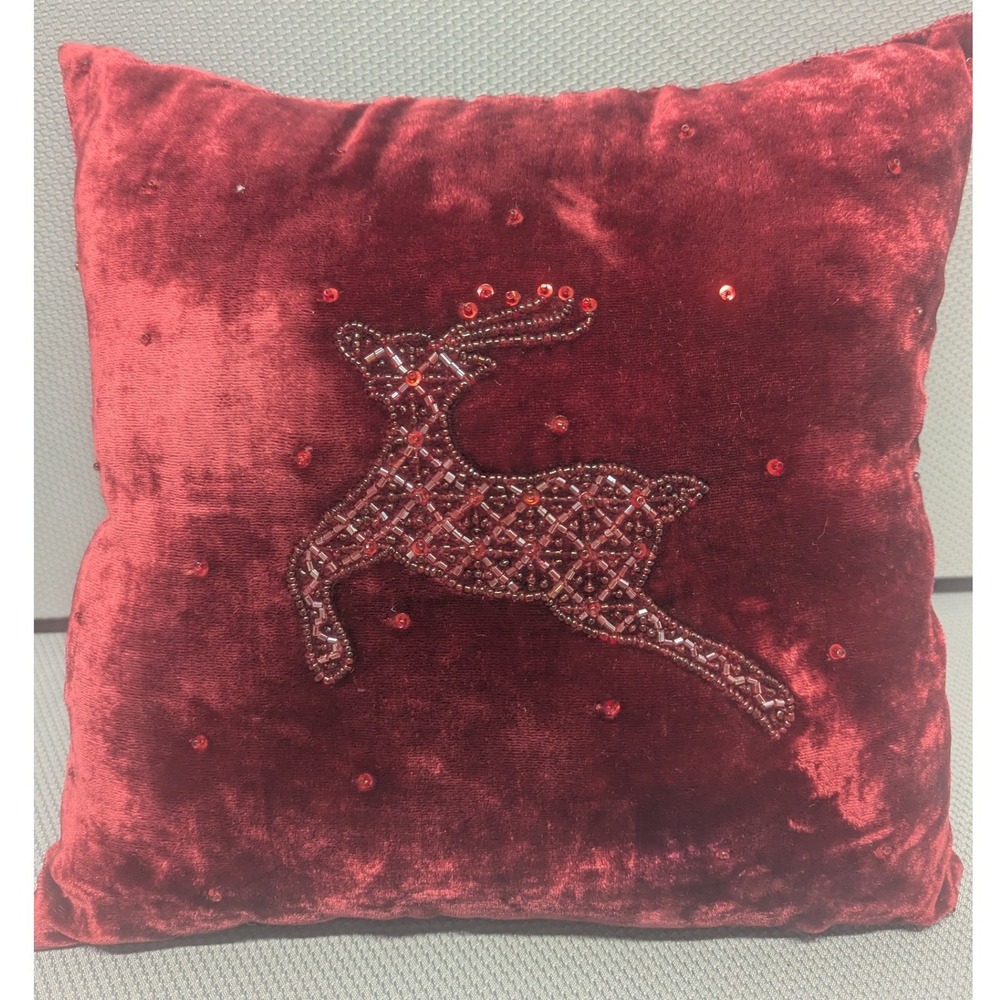 VTG Pottery Barn Red Velvet Christmas Reindeer Bead Sequin Throw Pillow Holiday